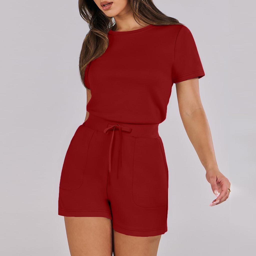 Women's Summer Crewneck Casual Loose Short Sleeve Rompers Jumpsuit Outfits With Pockets
