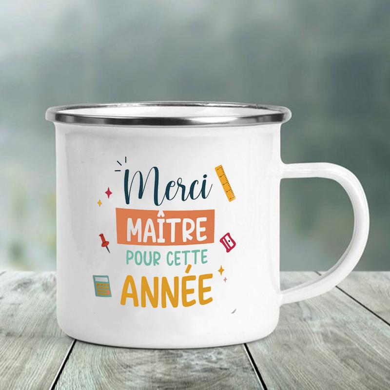 Enamel Mug Merci Maître Print Mugs Creative Coffee Cups Drinks Water Milk Tea Cup School Home Handle Drinkware Best Teacher Gift
