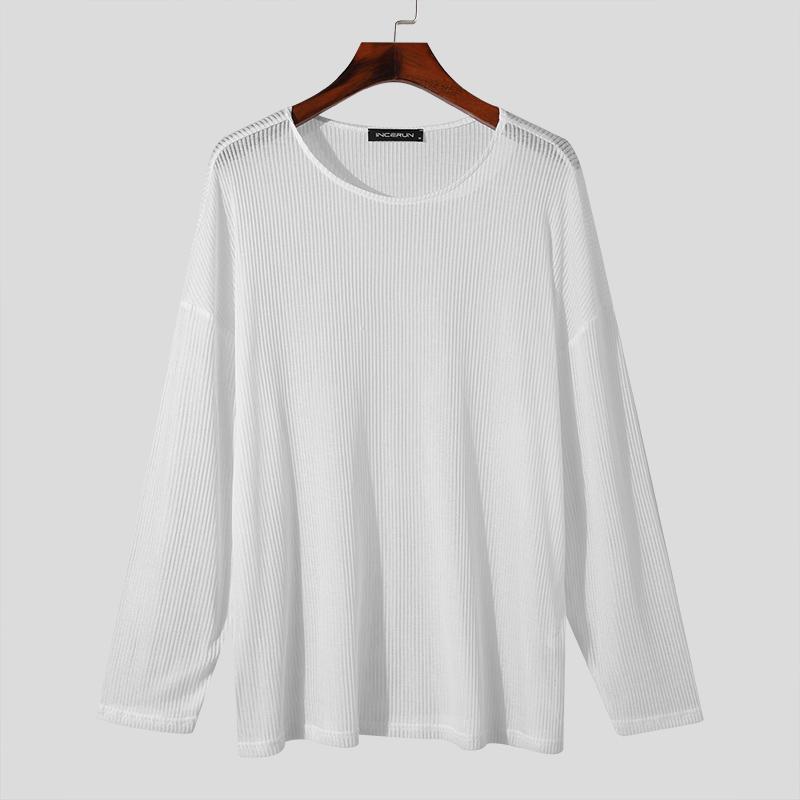 INCERUN Весенние мужские полые топы с длинными рукавами, повседневные прозрачные вязаные пуловеры
