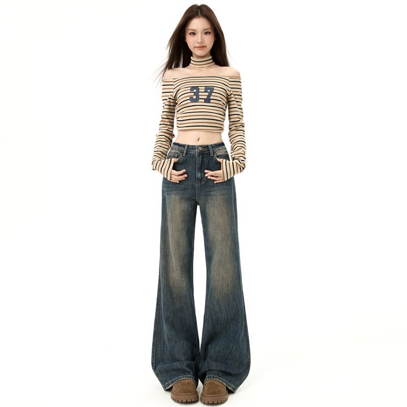 Autumn and winter new American retro non-stick legs micro-flared jeans women's loose and thin drape horseshoe pants