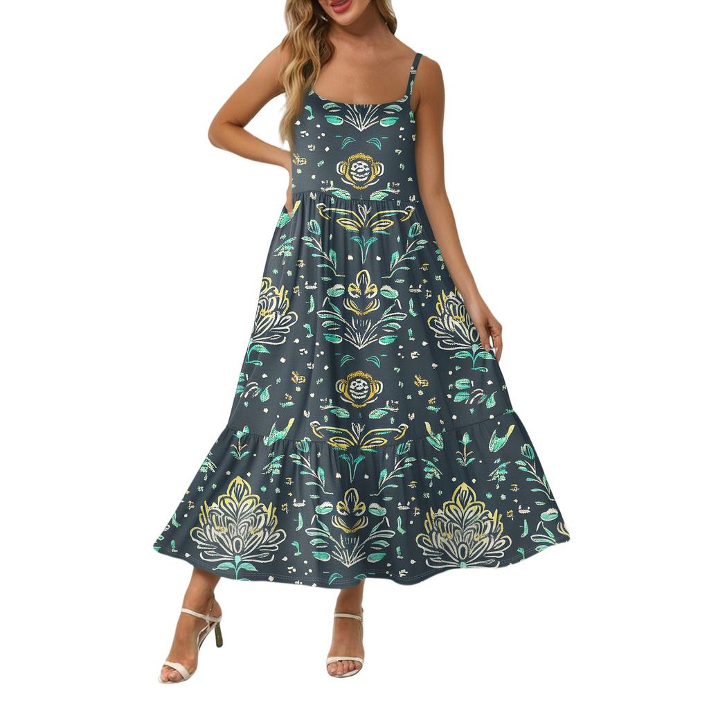 Women's Long Beach Casual Elegant Spaghetti Strap Maxi Dress Stitching Low-key Flowing Bohemian Dress