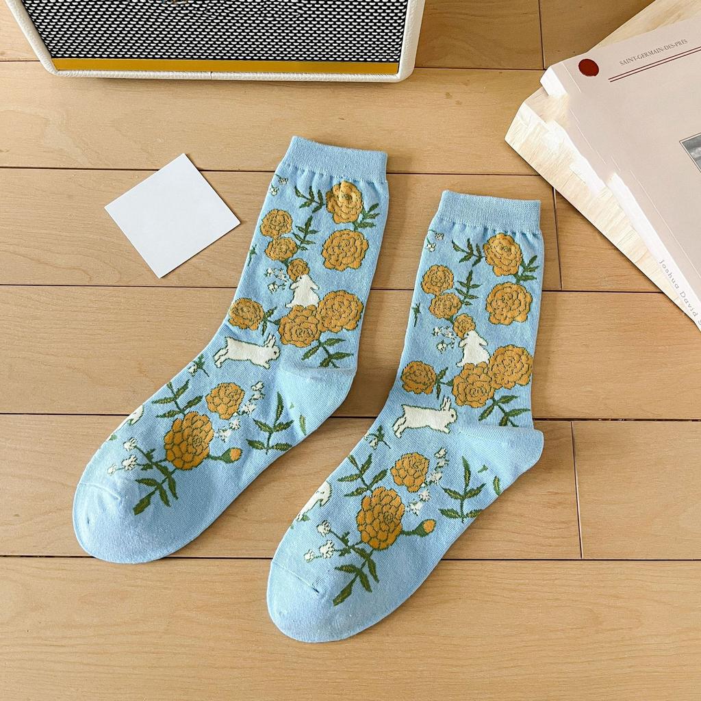 New Harajuku Retro Women Socks Japanese Fashion Vintage Long Socks Korean Style Floral Embroidery Kawaii Cute Ruffle Socks