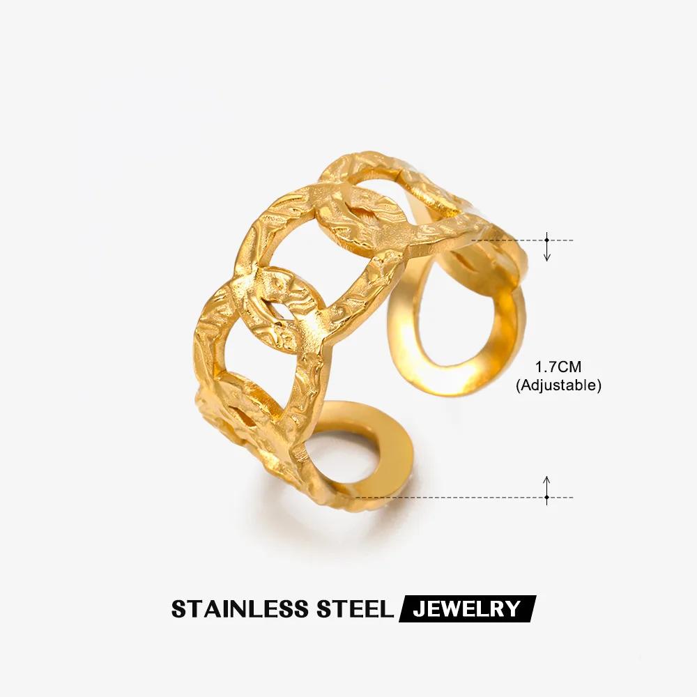 1Pcs Stainless Steel Geometric Chain Hollow Ring For Women Trendy Simple Personality Open Ring Waterproof Jewelry Accessories