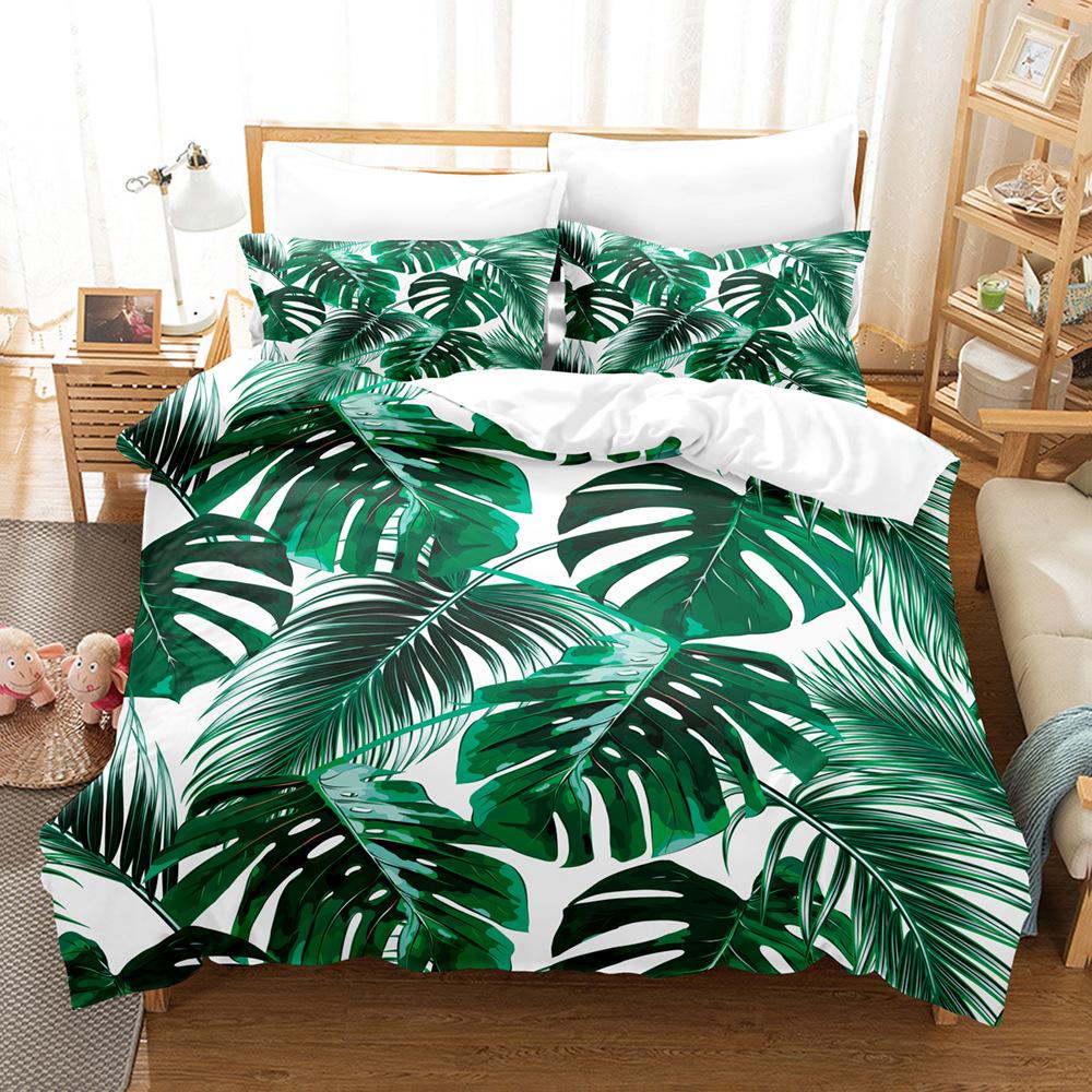 3D Digital Printing Quilt Cover Tropical Plant Green Leaf Flower Three-Piece Set Abrasive Bedding