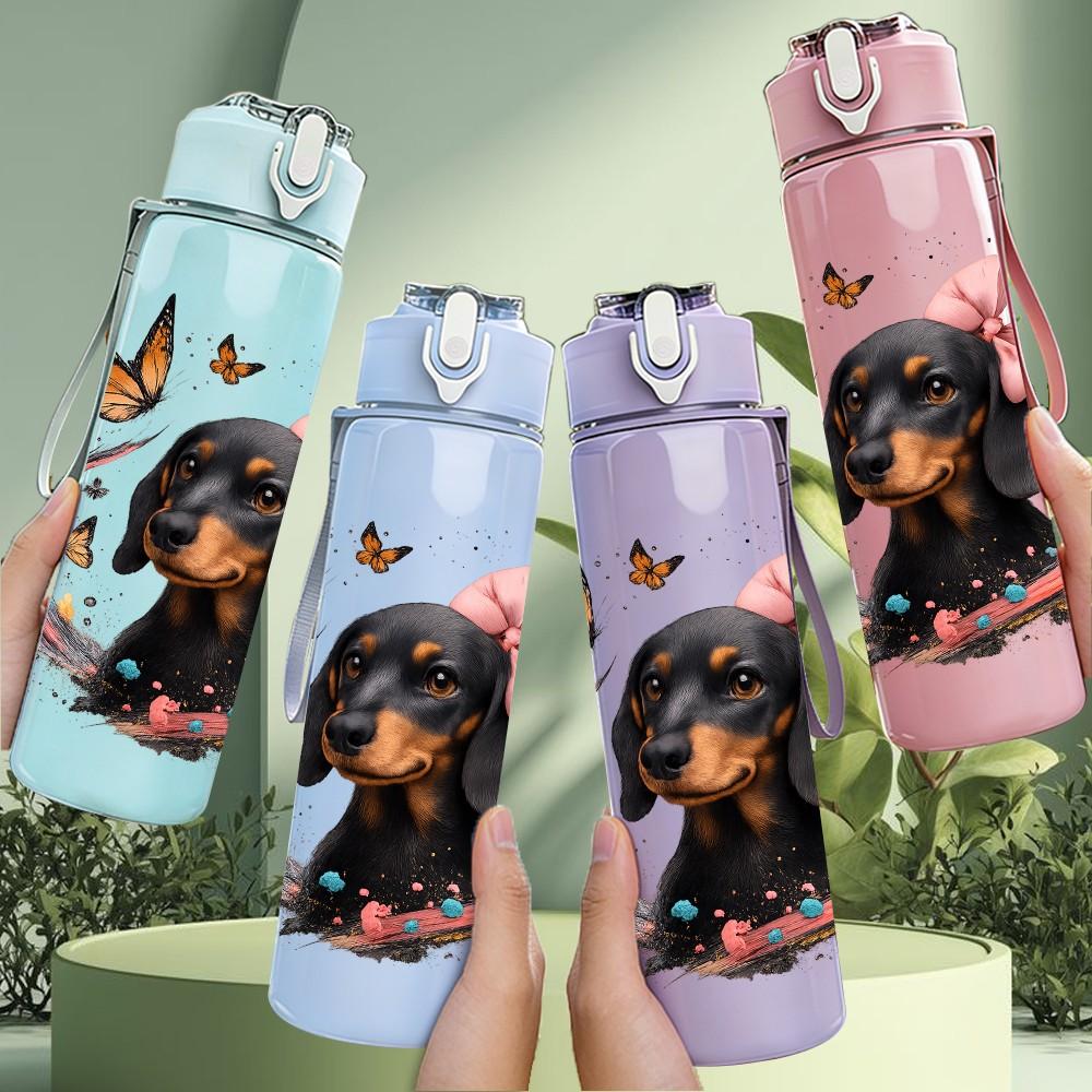 1PC Bow Dachshund Dog Portrait 750ml Color Plastic Sports Water Bottle Leakproof Flip Straw Lid Suitable for Sports Office Home Use
