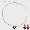 High-Grade Wine Red Heart Necklace & Earrings - Copper Plated, Real Gold, Simple Hong Kong Style Clavicle Chain