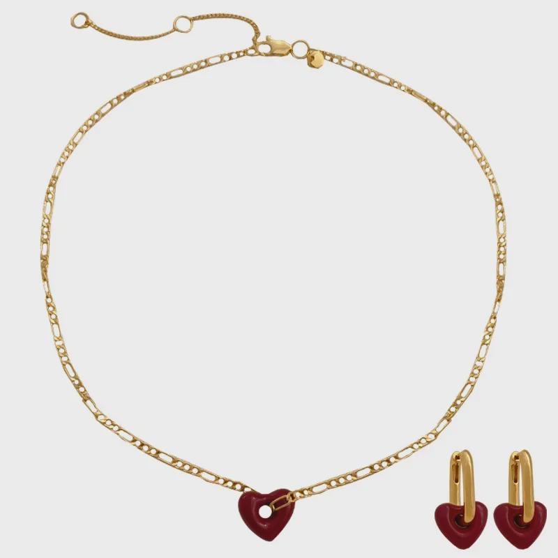 High-Grade Wine Red Heart Necklace & Earrings - Copper Plated, Real Gold, Simple Hong Kong Style Clavicle Chain