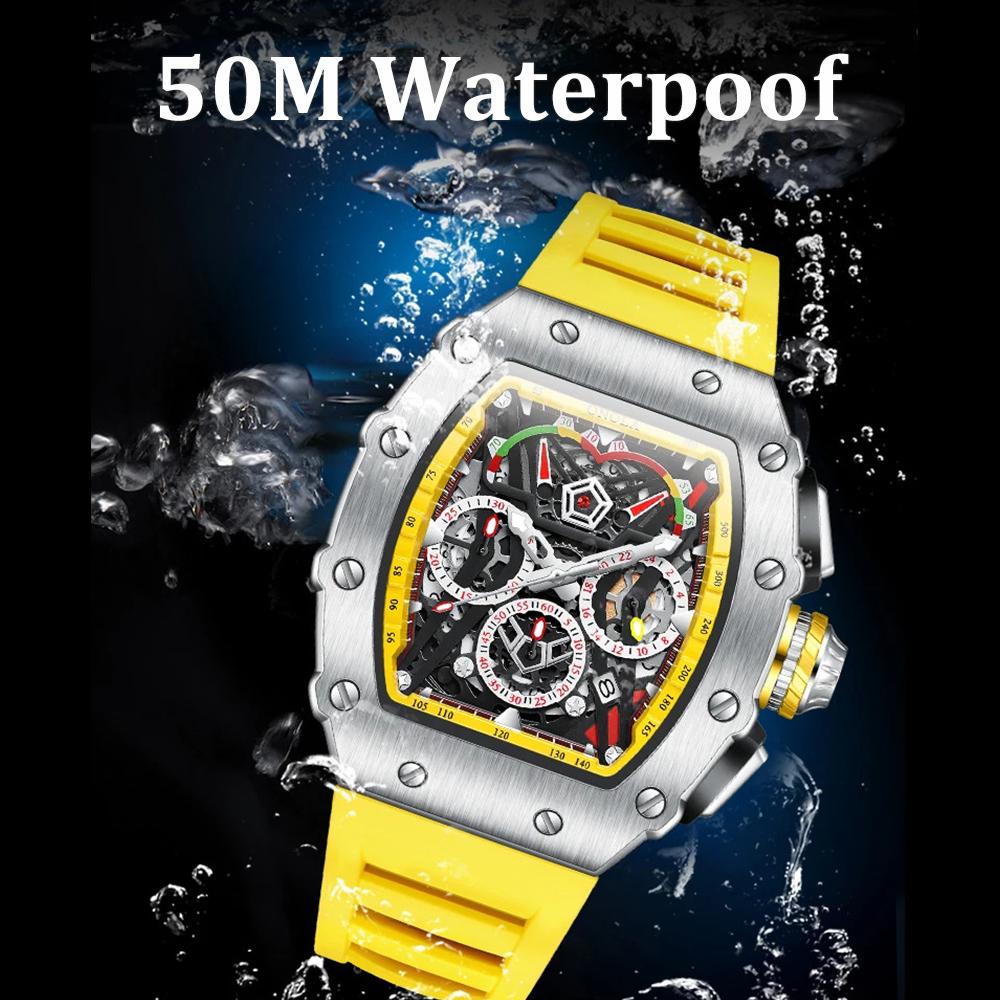 Кварцевые мужские часы с циферблатом-бочкой из нержавеющей стали, спортивные наручные часы с силиконовым ремешком, водонепроницаемые часы-хронограф