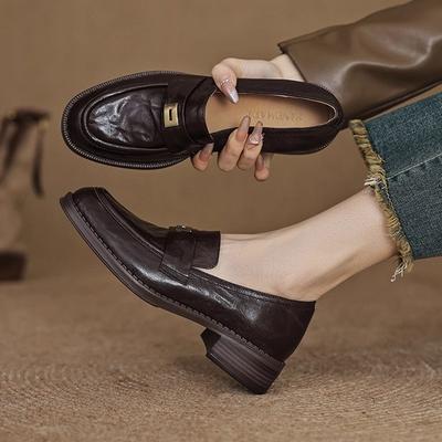 Кожаный круглый носок металлическая пряжка лето новый черный средний каблук платформа 2025 весна и осень лоферы маленькие кожаные туфли женские ретро тренд