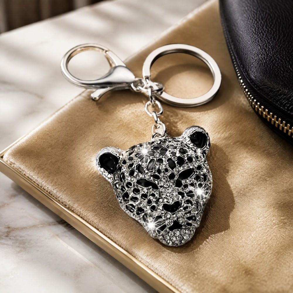 Crystal Rhinestone Leopard Head Keychain Silver Handbag Decoration Fashion Pendant Bag Decoration
