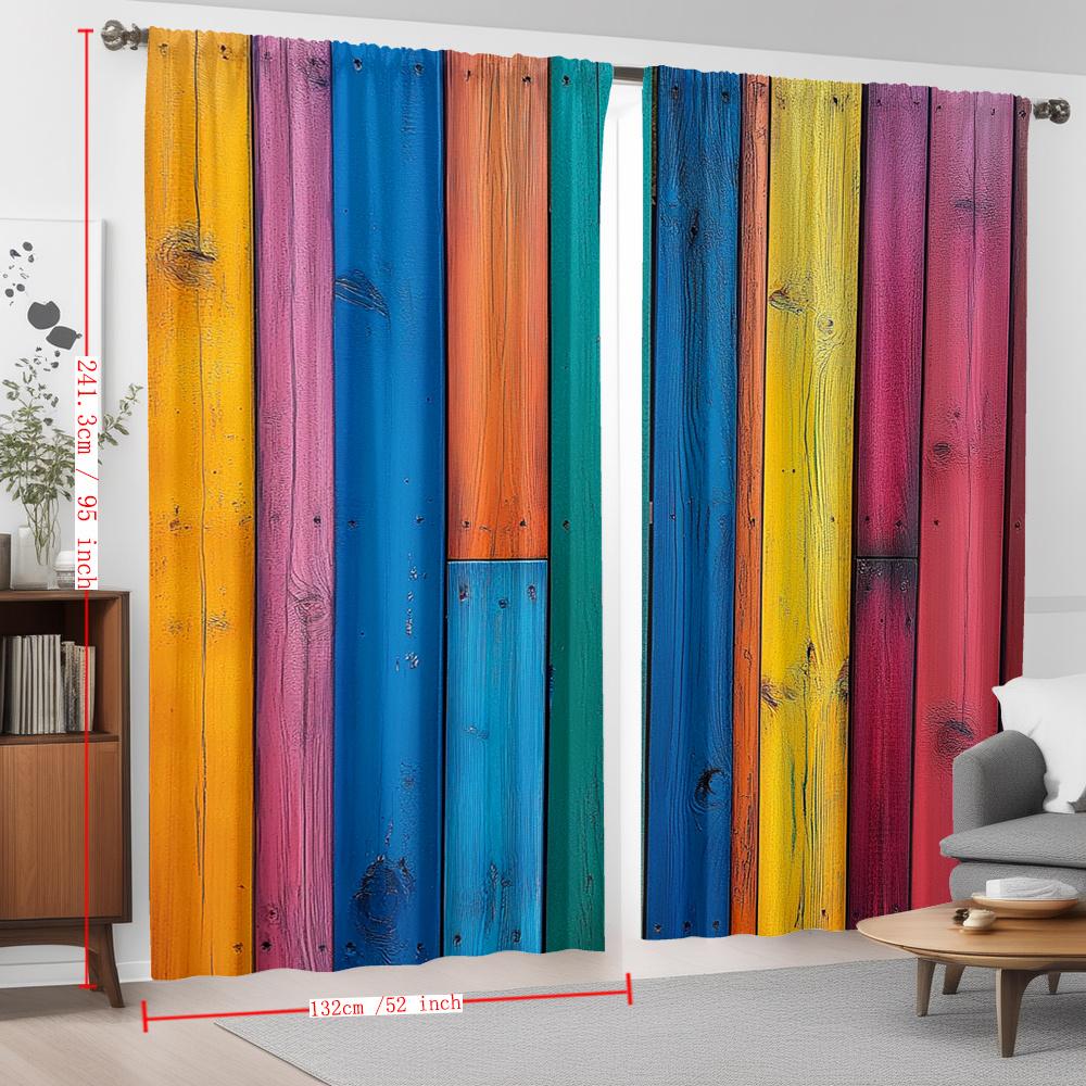 Vibrant Rainbow Wood Plank Curtains Set of 2 Rod Pocket Light Filtering Drapes – Boho Chic for Kitchen, Cafe, Living Room