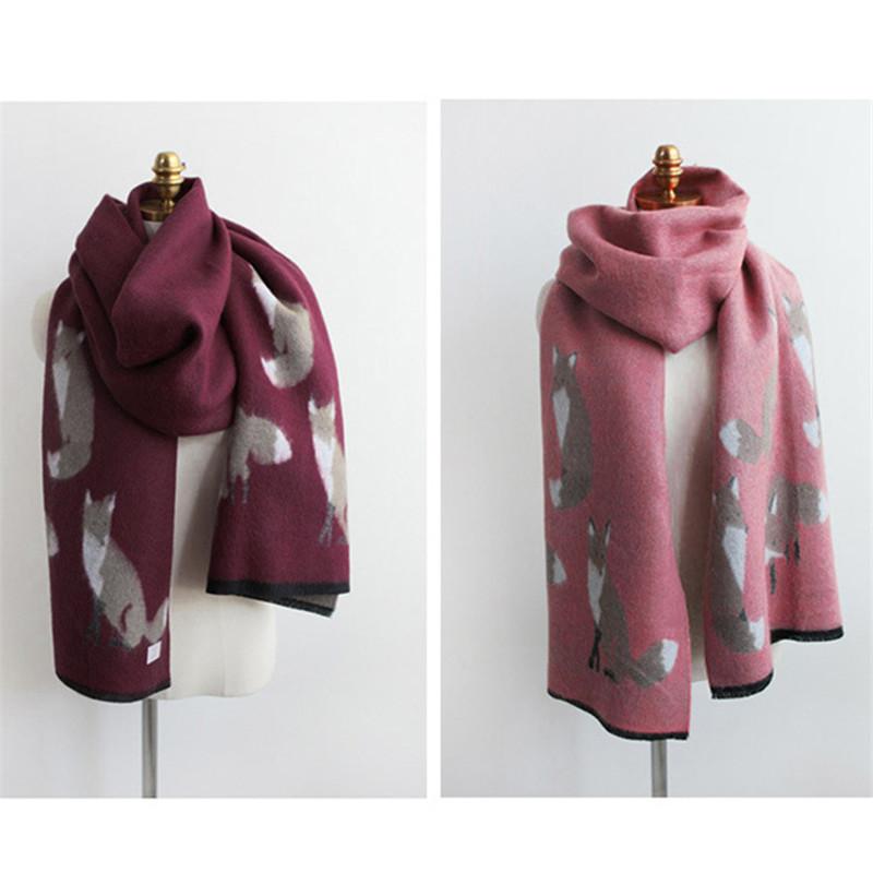 Luxury Fox Pattern Scarf Female Thick Faux Cashmere Ring Women Pashmina Tassel Double Side Fashion Winter Warm Streetwear Wrap