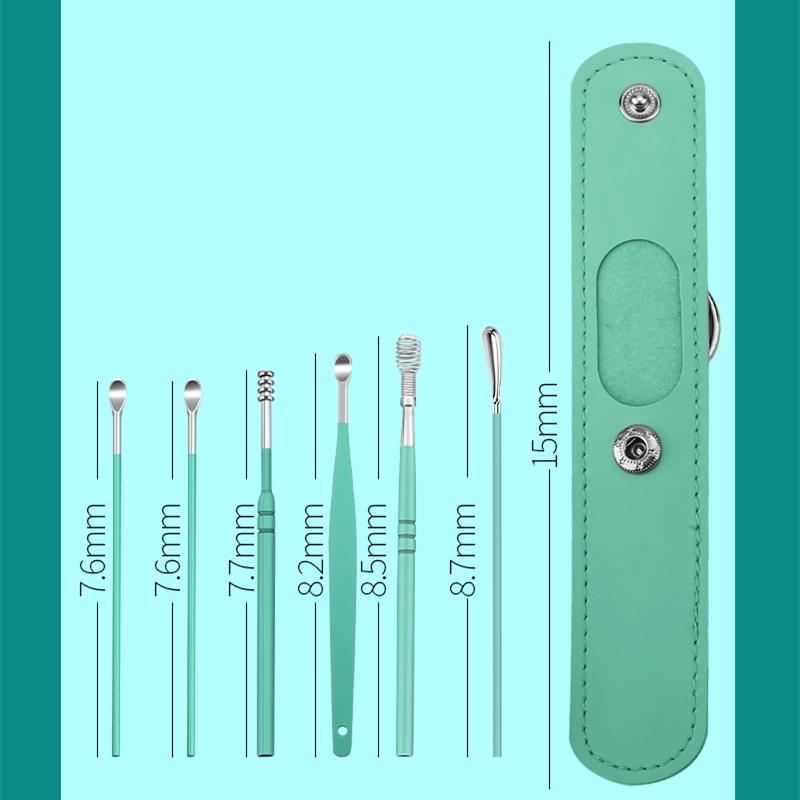 6 шт./набор Чехол из ПУ кожи Палочки для чистки ушей Средство для удаления ушной серы Ковырялка для ушей Чистящее средство Ложка Кюретка Защита для ушей Инструмент для удаления серы