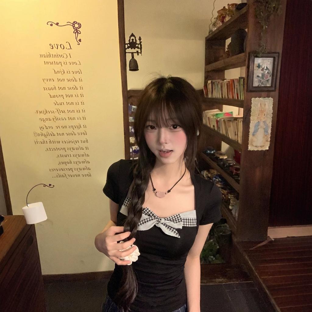 Korean polka dot splicing tied knot short-sleeved T-shirt women's summer new waist and thin design pure desire niche top