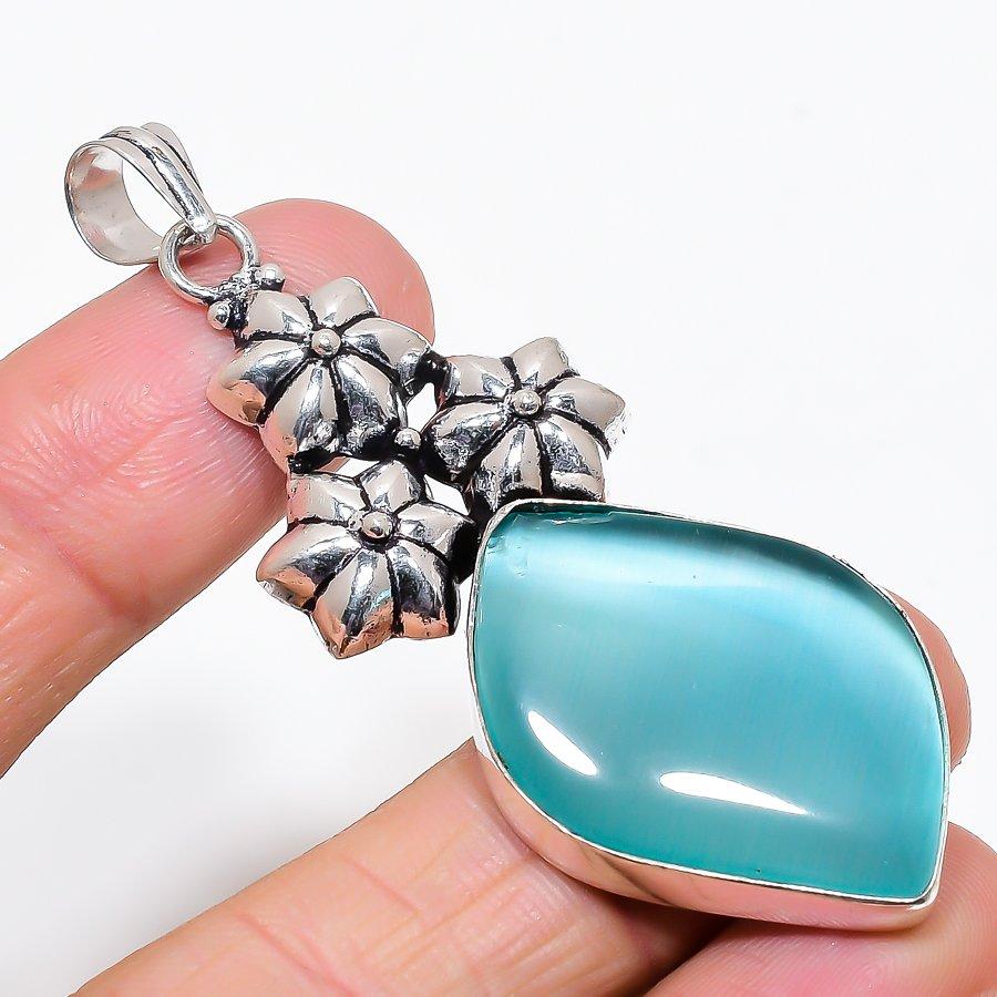 Blue Monalisa Stone Gemstone 925 Sterling Silver Jewelry Pendant 2.68" KJ-214