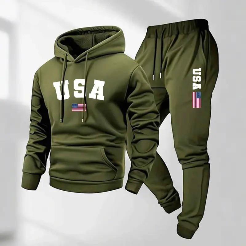 Men Women Hooded Sweatshirt Set With USA Flag Print Warm Fleece Lined Casual Sportswear Winter Outfit