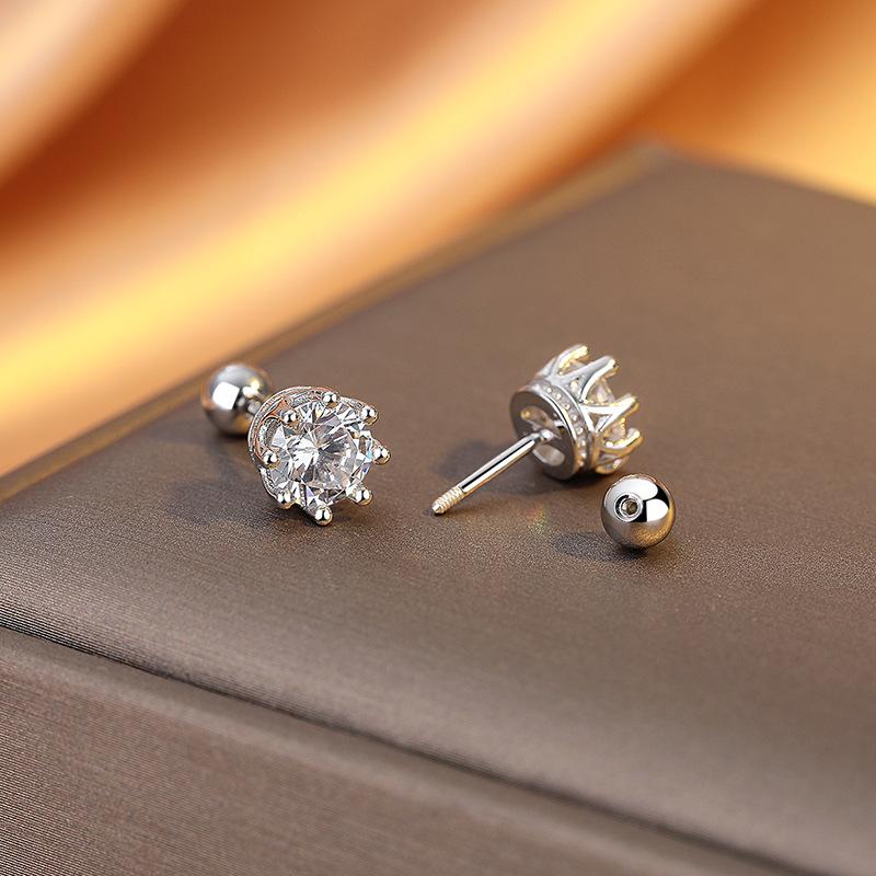 Crown Threaded Earrings Women'S Silver Temperament Simple Black Single Diamond Personalized Men'S Screw Bone Earrings