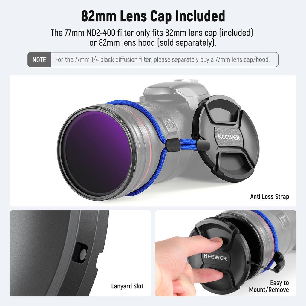 NEEWER 77mm Variable ND Mist Black Diffusion Filter Set Light Reduction Cinematic Effect & 1/4 (2 filters) ND2-400