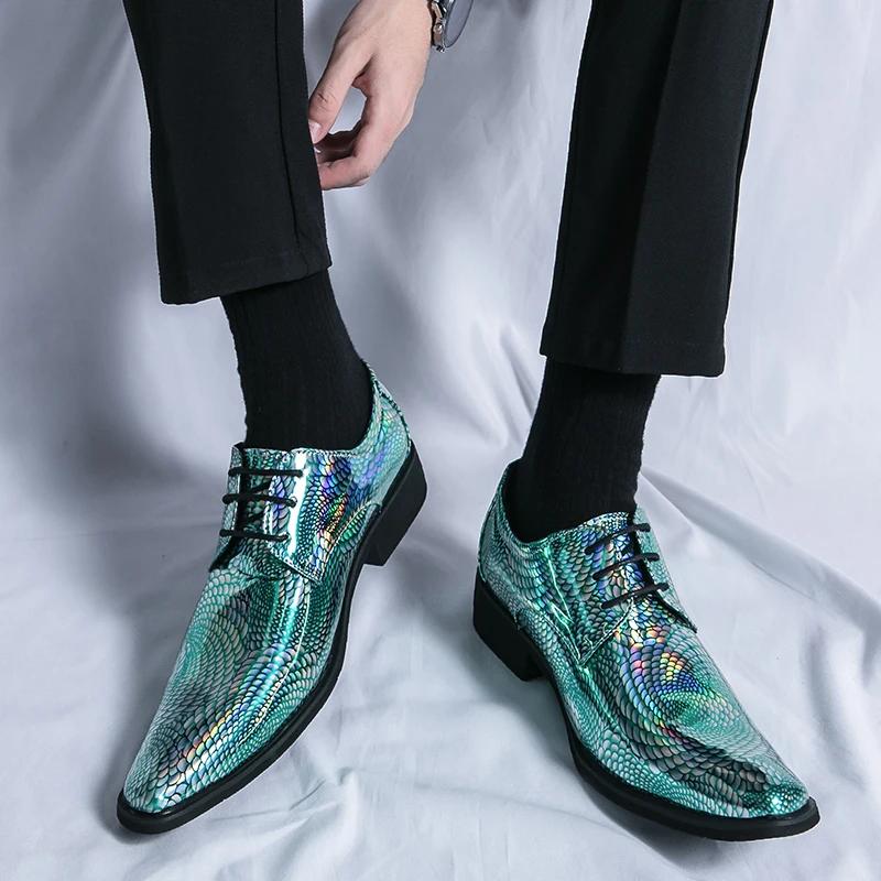 New Men Bright PU Printing Fashion Shoes Low Top Business British Casual Shoes Lace Up Classic Large Sizes 38-47 Men's Shoes