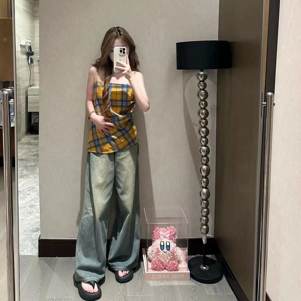 Женские винтажные джинсы из синего денима с высокой посадкой и широкими штанинами - Ретро-стирка, Свободный стиль в пол