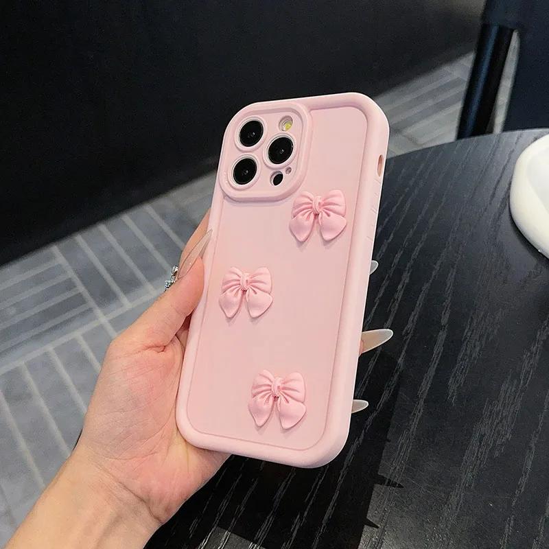 3D Розовый Милый Бантик Силиконовый Мягкий Чехол Для Телефона Для iPhone 17 16 15 14 11 Pro Max XS XR X 7 8 Plus Ударопрочный Бампер