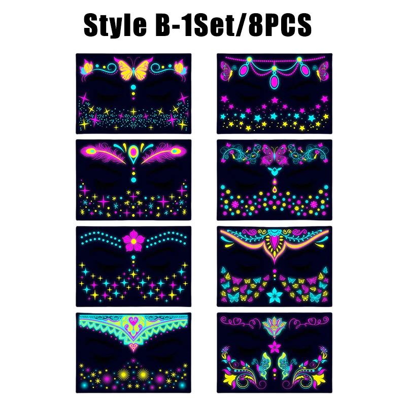 New Glow The Dark Tattoos Stickers Fake Face Temporary Tattoos Makeup UV Neon Floral Body Paint Tattoo Stickers Decorations