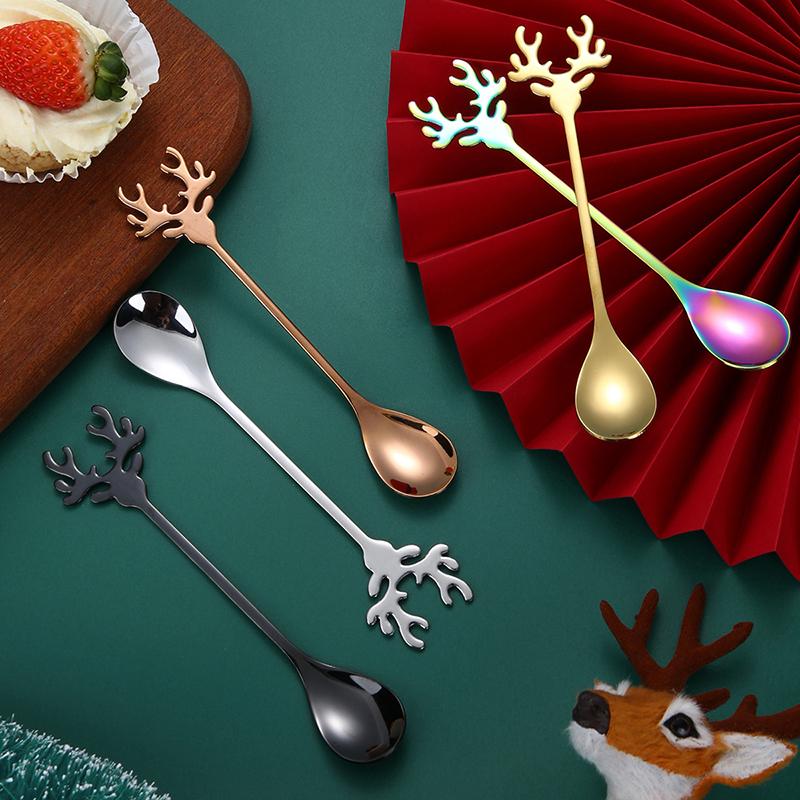 1Pc 304 Stainless Steel Cartoon Christmas Elk Spoon Cute Deer Head Mini Ice Cream Spoons Coffee Dessert Stirring Spoon Tableware