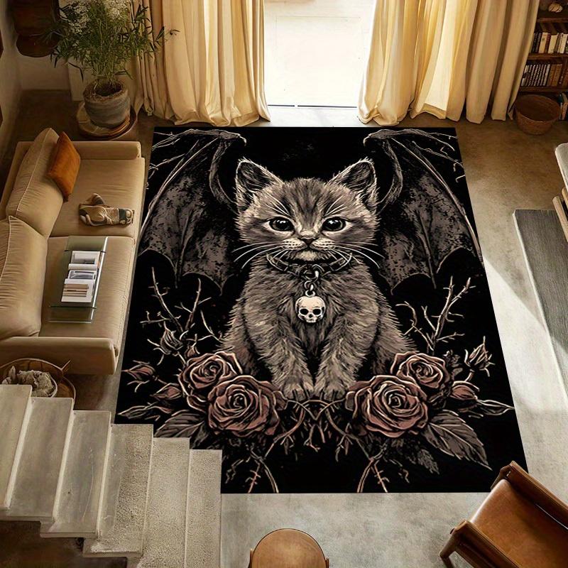 1pc Batwing Cat Roses Themed Rug for Home Decor, Non-slip Office Carpet, Chair mat, Outdoor Mat, Christmas and Halloween gifts-0731003