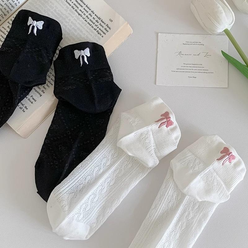 1 пара женских коротких носков Харадзюку милые с вышивкой бантиком повседневные забавные носки до щиколотки весна/лето дышащие женские гольфы #