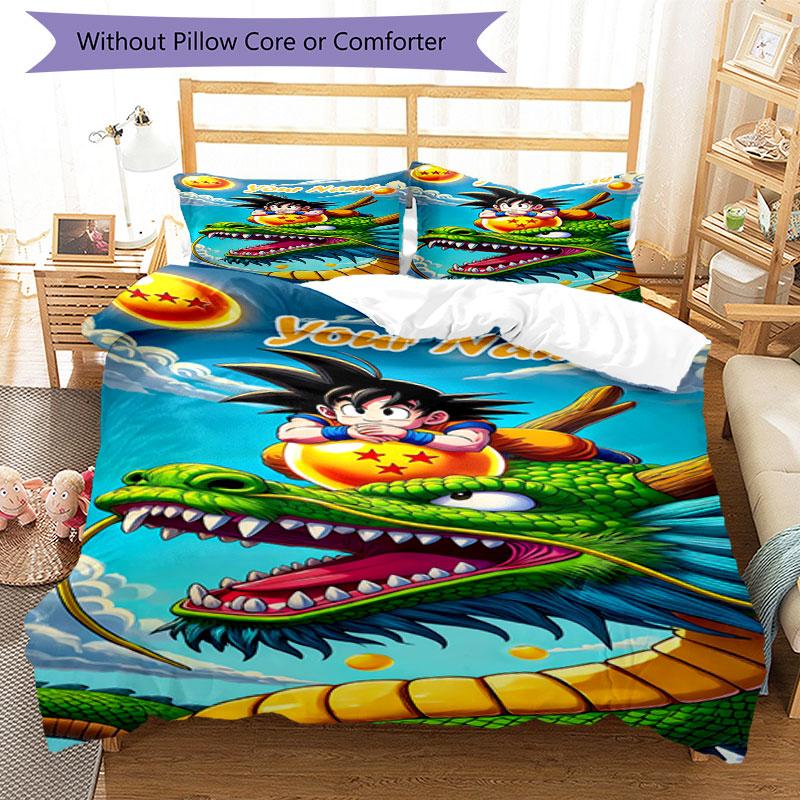 3PC Custom Name Dragon Ball Adventure Bedding Set Printed Bedding Set Duvet Cover Closure Includes 1 Duvet Cover & 2 Pillowcases for All Seasons Bedro
