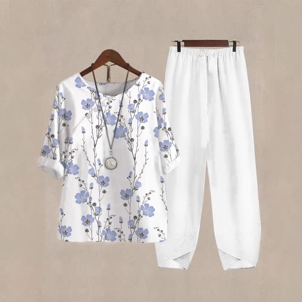 2025 foreign trade cross-border new women's clothing, casual round neck five-quarter sleeve top, digital printing women's two-piece set