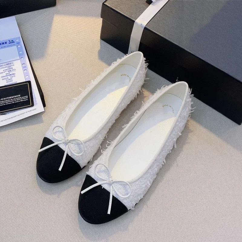 Весна 2024 года, новые женские балетки с круглым носком и бантом на плоской подошве, с закрытым носком