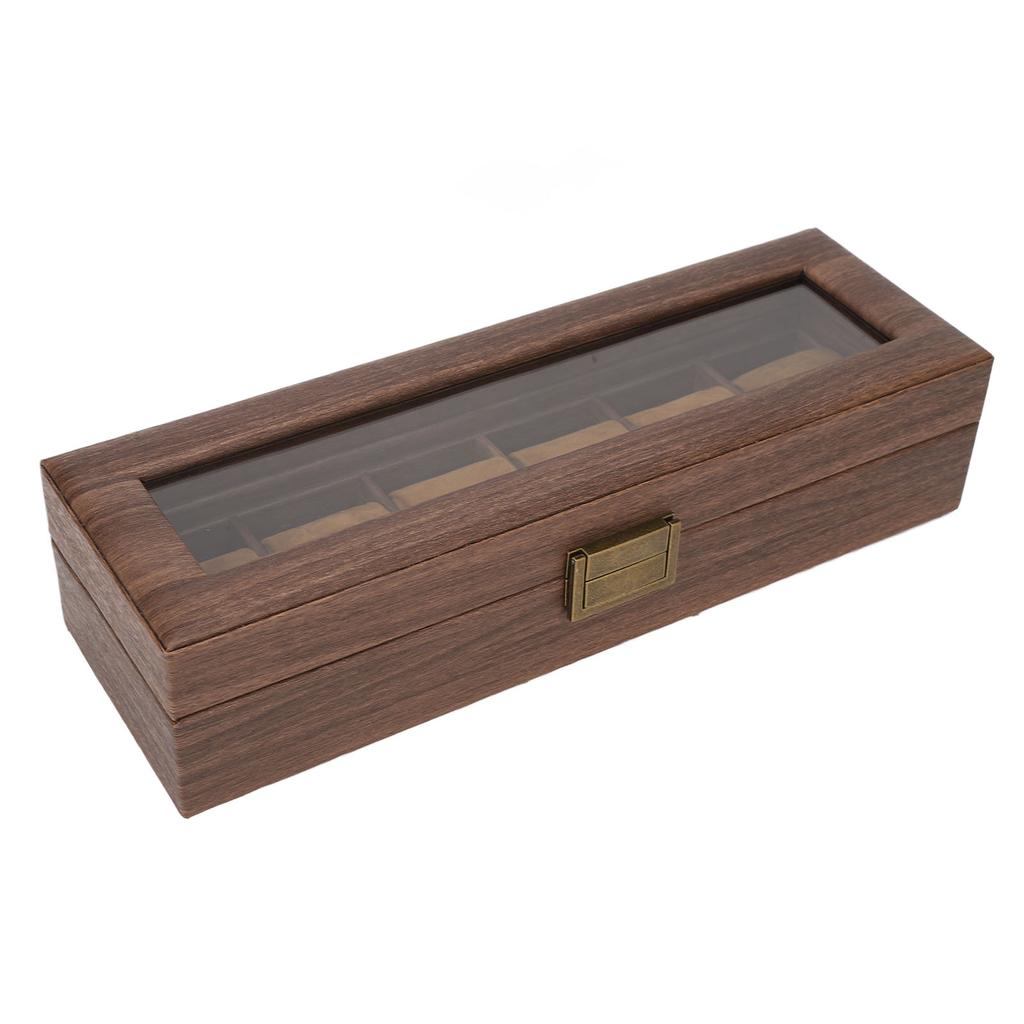 6 Slot Watch Storage Display Box Wood Grain PU Leather Lockable Wristwatch Protective Box