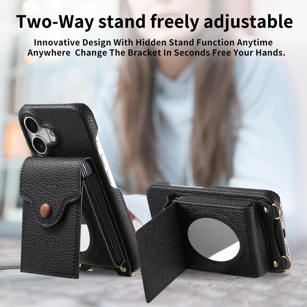 Чехол для iPhone 16 с зеркалом, держателем для карт, кожаной задней крышкой телефона с текстурой личи и длинным ремешком