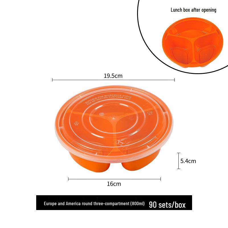 European & American Round Three-Compartment Disposable Lunch Box, Thickened Transparent Black Container for Takeaway Packaging