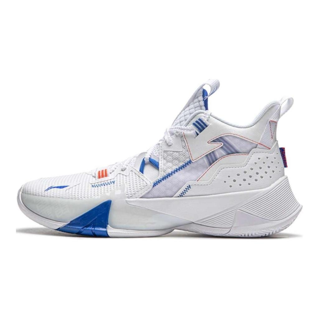 Li-Ning Удобные модные нескользящие износостойкие баскетбольные кроссовки средней высоты мужские кроссовки белые синие ABPU055-1