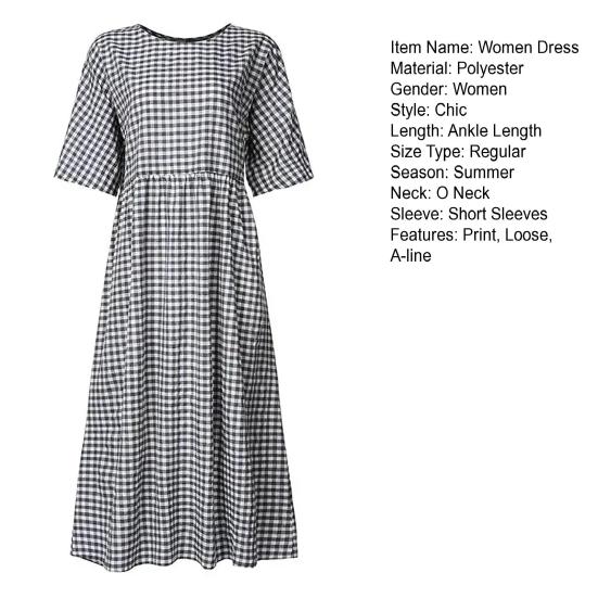 Summer Women Dress O Neck Check Print A-line Big Hem Short Sleeves Pleated Loose Pullover Commute Dating Maxi Dress Daily Long Dress