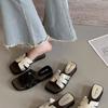One-character Cool Slippers Women's Flat Bottom Drag Summer Fashion Solid Color Soft Leather Square Head Open-toed Casual Women's Slope and Cool Sl