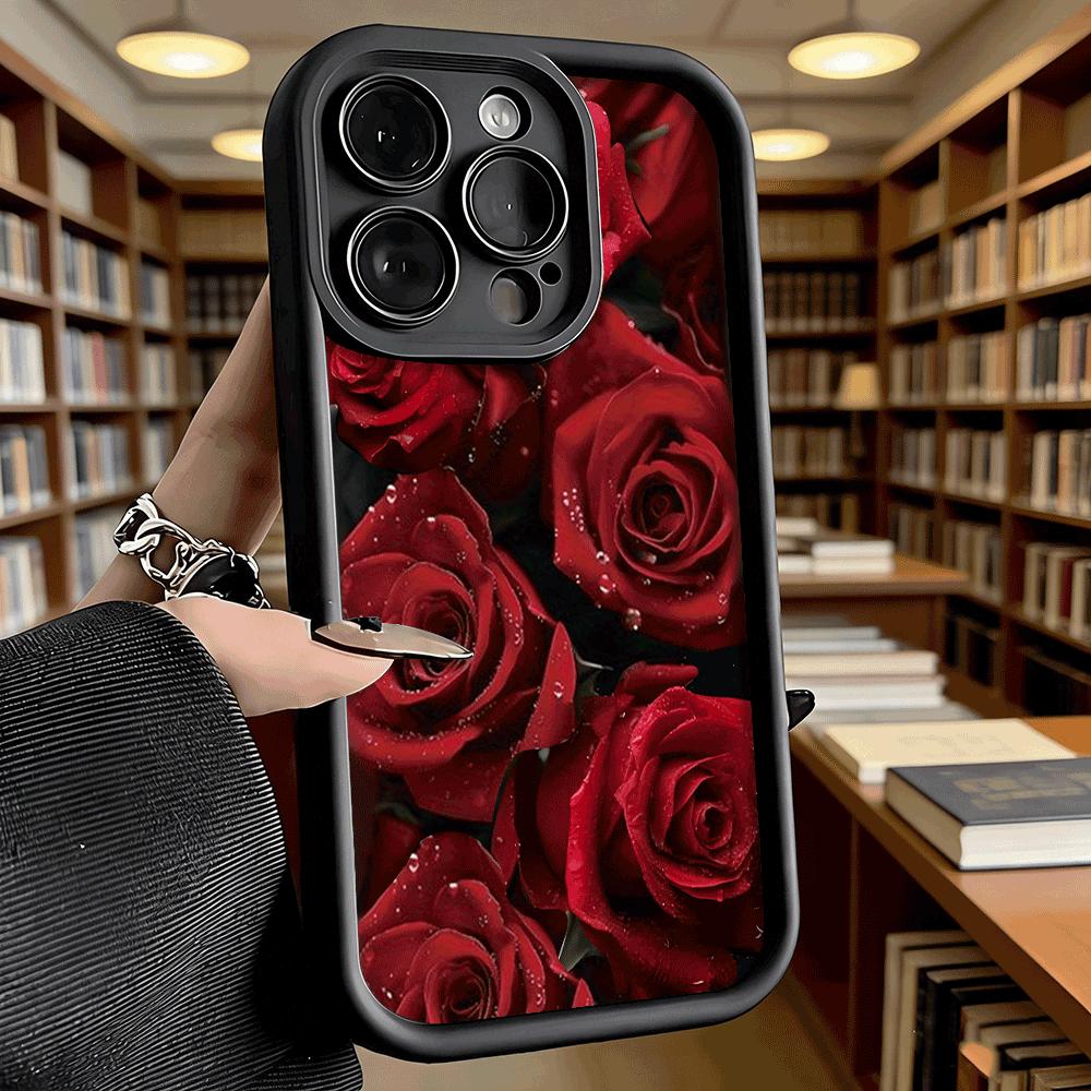 Чехол для телефона 'Красные розы с каплями росы' для iPhone 17 16 15 14 13 12 11 Pro Max Plus, Защитный, Гелевый, Гибкий, Противоударный