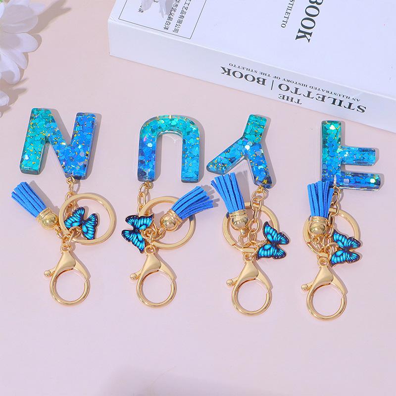 1 шт. Брелок с надписью для подвески на рюкзак, держатель для ключей, брелок с кисточкой, бабочка, милая градиентная смола, синий с пайетками
