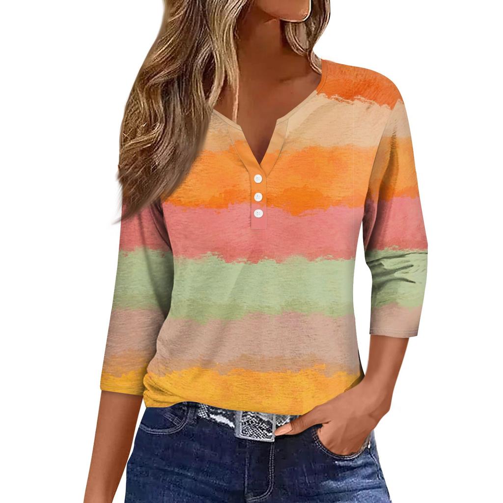 Женская модная повседневная футболка с коротким рукавом и V-образным вырезом, декоративными пуговицами и рукавом три четверти