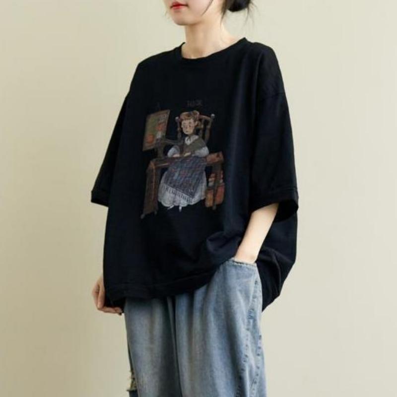 Summer T-shirt Cotton Loose Short-sleeved Retro Large Yards T-shirt Design Sense Niche Literary Print Tops