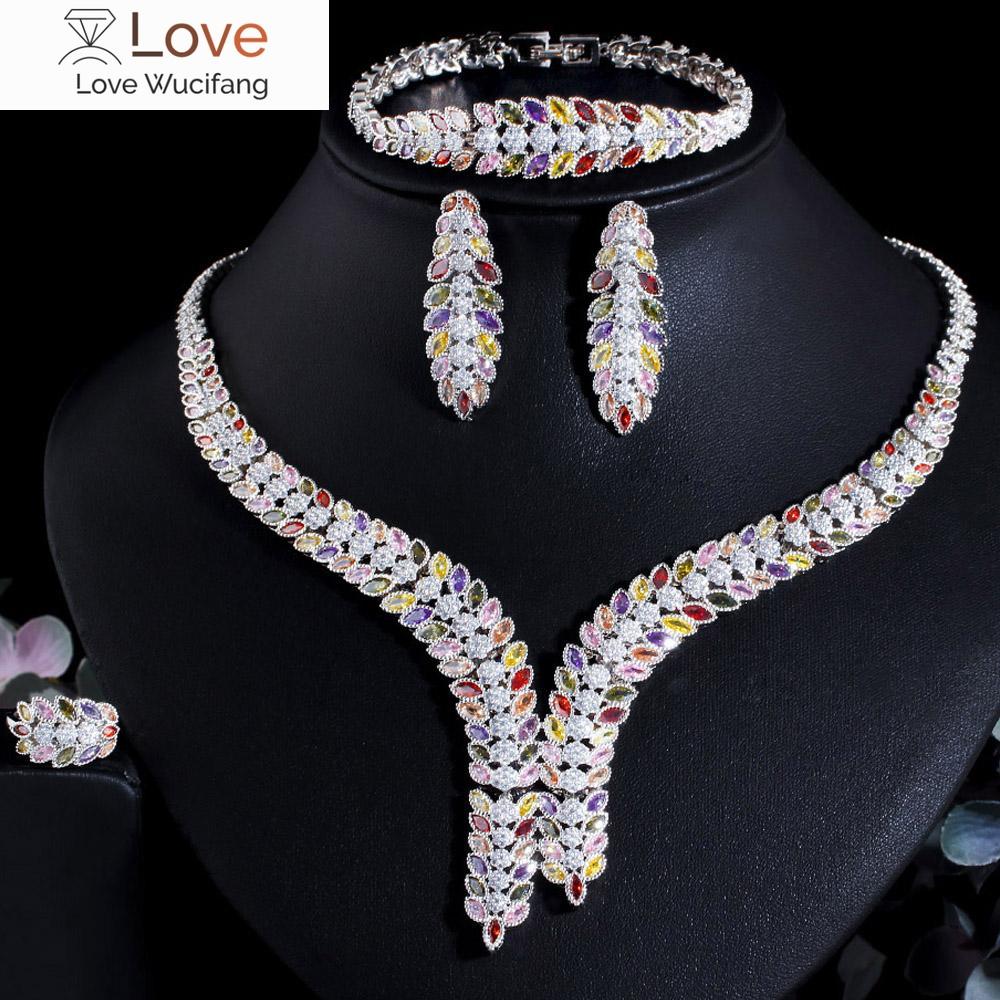 4 шт., цветное ожерелье с крупными листьями и фианитами, белое золото, комплект ювелирных изделий Naija Dubai Bride для свадебного торжества T657