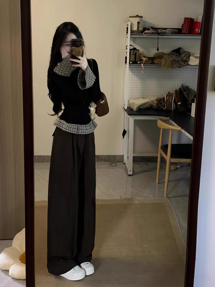 Клетчатый бант, двухслойный женский топ с длинным рукавом, приталенного кроя, на все сезоны