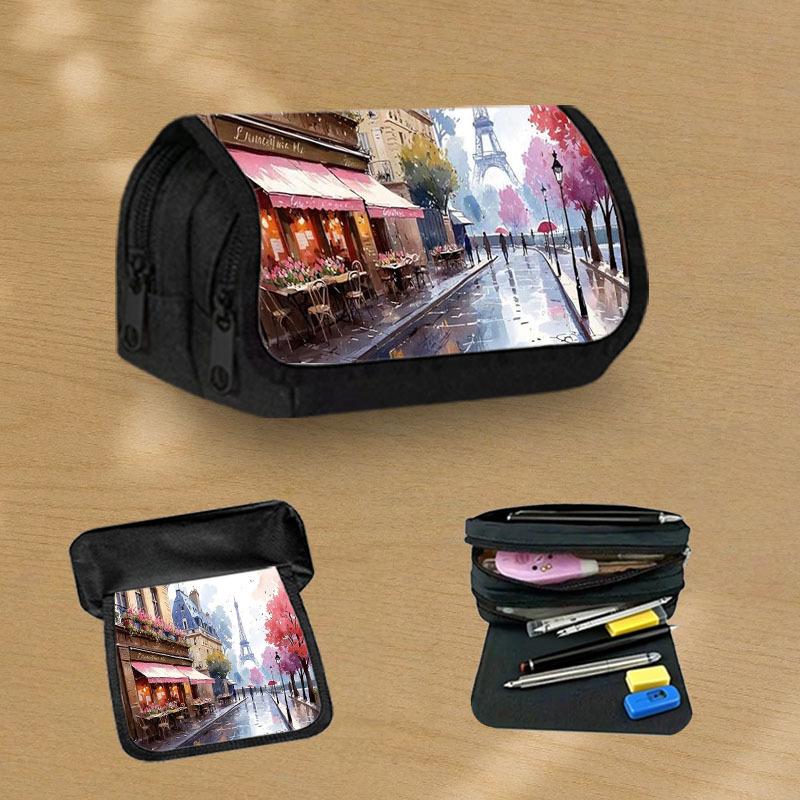 Paris Street Scene Flip-Top Pencil Case - Large Capacity School & Office Organizer with Eiffel Tower & French Cafes Design, Aesthetic Stationery Stora