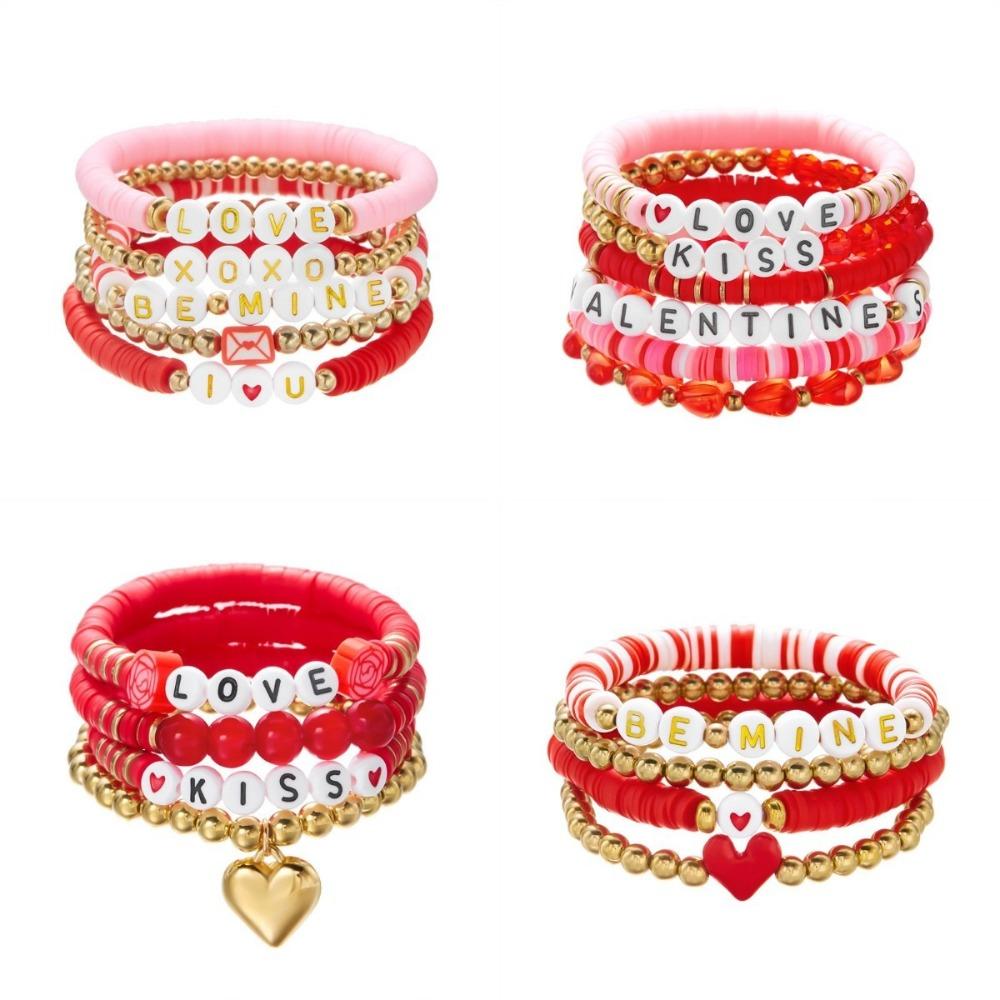 Богемные браслеты на День святого Валентина, браслеты-бенглы с бусинами-буквами, милый набор браслетов с сердечками любви для женщин
