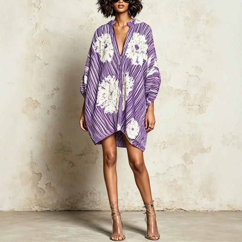 2026 Womens Loose V-Neck Batwing Sleeve Printed Midi Dress Casual Elegant Style