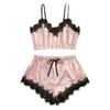 Women's 2 Piece Pajama Set Lace Trim V Neck Cami Crop Top Elastic Waist Shorts Set Casual Sleeveless Sleepwear Lounge Set