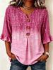 Women's Purple Ombre Floral V-Neck Button Front Blouse, 3/4 Bell Sleeve Loose Casual Top for Daily Wear, Office & Spring Summer