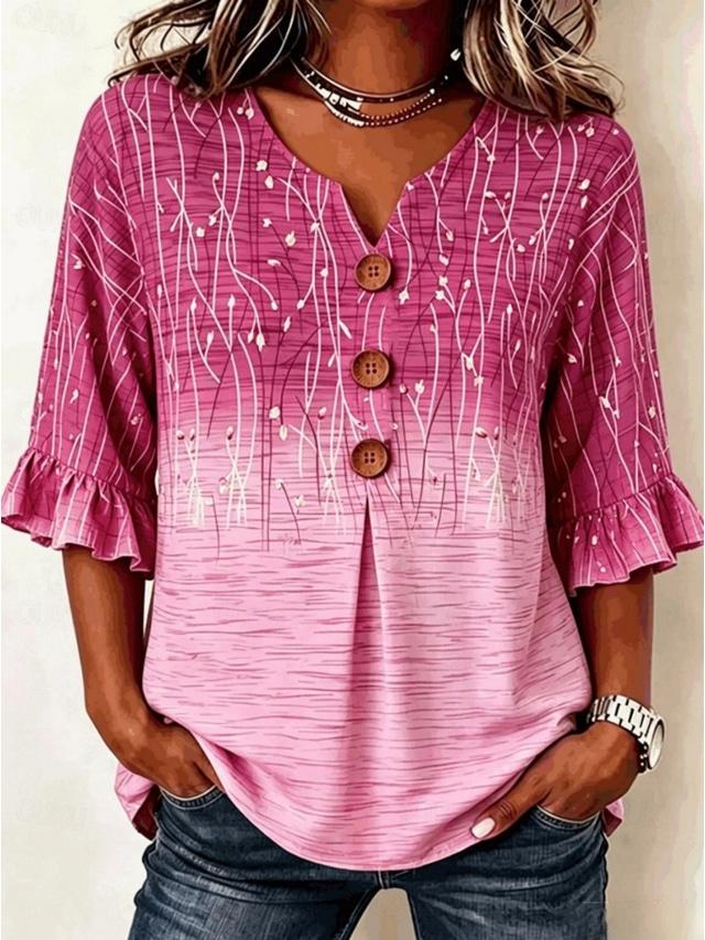 Women's Purple Ombre Floral V-Neck Button Front Blouse, 3/4 Bell Sleeve Loose Casual Top for Daily Wear, Office & Spring Summer